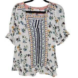 LuckyBrand Floral Boho Peasant Blouse Ruffle Hem Indie Cottage S‎ Summer Viscose